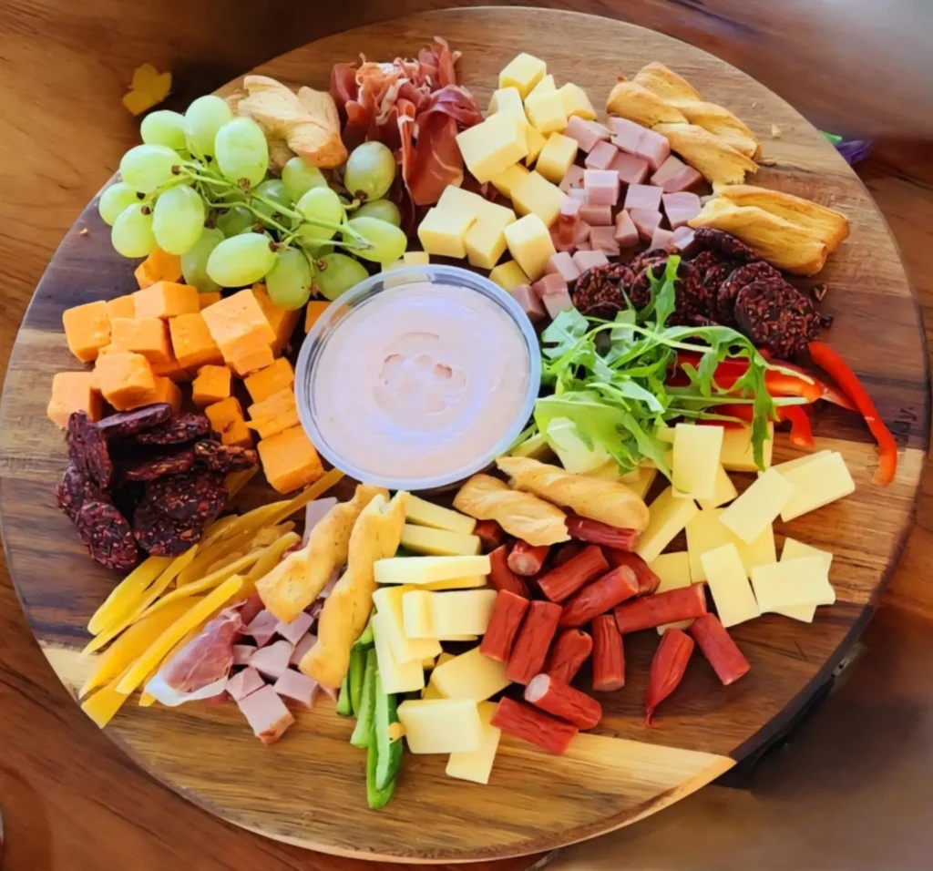 A wooden platter with a variety of cheese cubes, grapes, sliced meats, breadsticks, crackers, and a dip in the center, surrounded by vibrant greens.